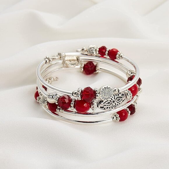 Stackable Silver Beaded Bracelets Women Layered Boho Wrap Jewelry Gift - Picture 5 of 6